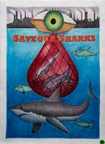 Save Our Sharks poster featuring a shark beneath an eye and a red fishing net